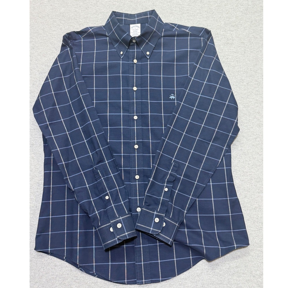 Brooks Brothers Logo Regent Mens L Navy Blue Windowpane Supima Cotton Shirt